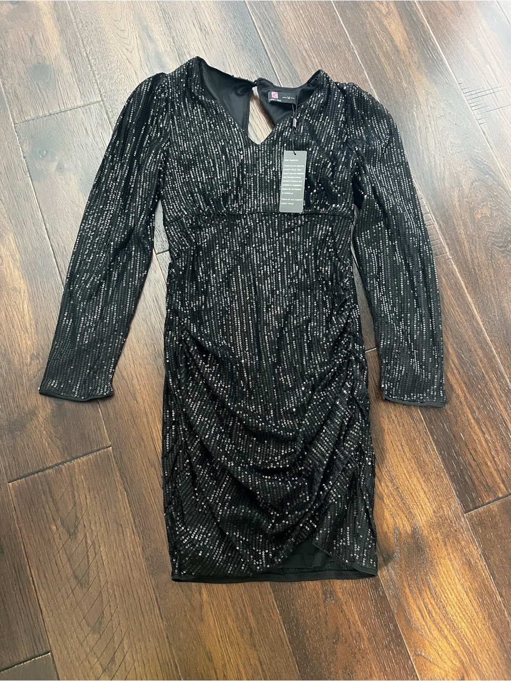 Black Long-Sleeve Sequin Ruched Party Dress